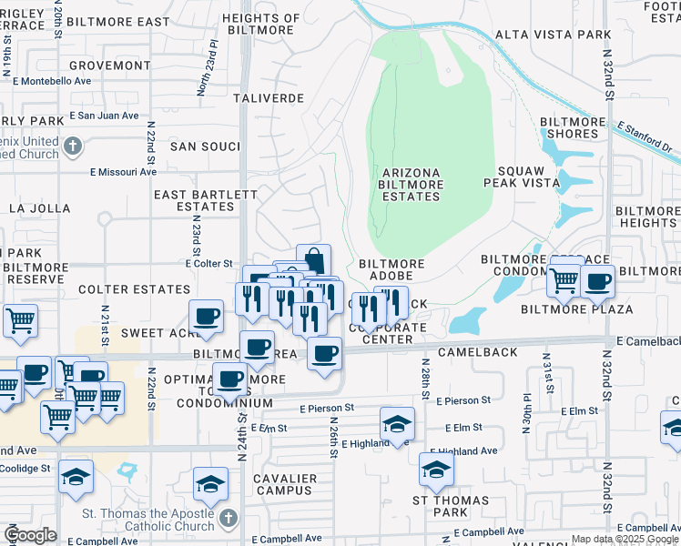 map of restaurants, bars, coffee shops, grocery stores, and more near 5223 North 24th Street in Phoenix
