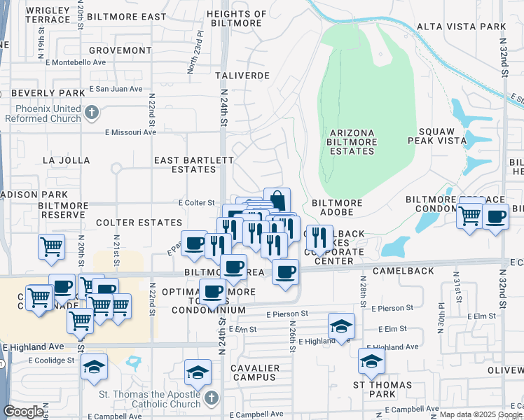 map of restaurants, bars, coffee shops, grocery stores, and more near 5215 North 24th Street in Phoenix