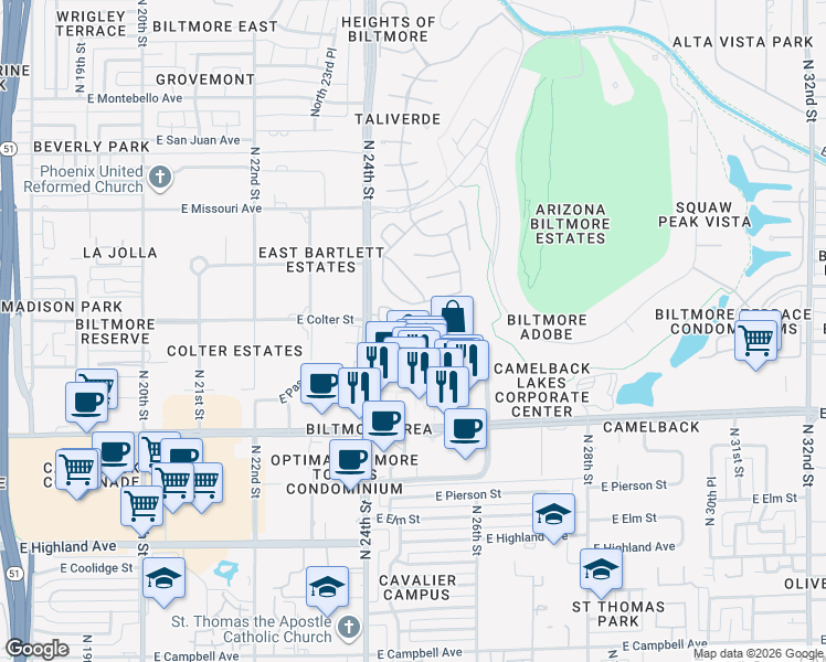 map of restaurants, bars, coffee shops, grocery stores, and more near 5205 North 24th Street in Phoenix