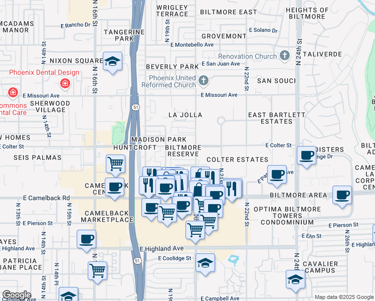 map of restaurants, bars, coffee shops, grocery stores, and more near 1939 East Colter Street in Phoenix