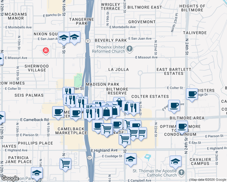 map of restaurants, bars, coffee shops, grocery stores, and more near 1902 East Colter Street in Phoenix