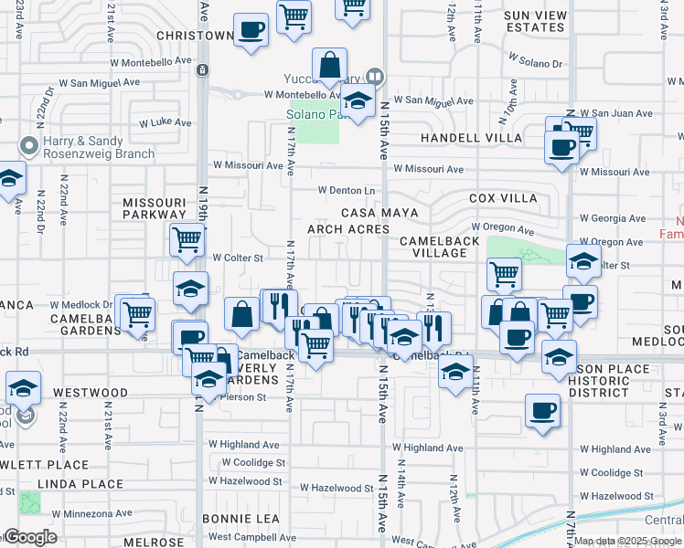 map of restaurants, bars, coffee shops, grocery stores, and more near 1605 West Colter Street in Phoenix