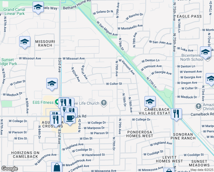 map of restaurants, bars, coffee shops, grocery stores, and more near 7918 West Colter Street in Glendale