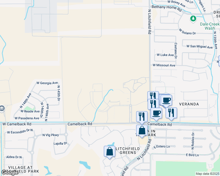 map of restaurants, bars, coffee shops, grocery stores, and more near 14100 South Denny Boulevard in Litchfield Park