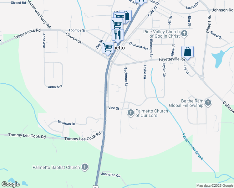 map of restaurants, bars, coffee shops, grocery stores, and more near 221 Harper Street in Palmetto
