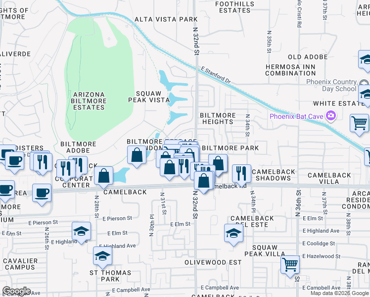 map of restaurants, bars, coffee shops, grocery stores, and more near 5110 North 32nd Street in Phoenix