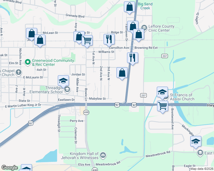 map of restaurants, bars, coffee shops, grocery stores, and more near 600 3rd Avenue North in Greenwood