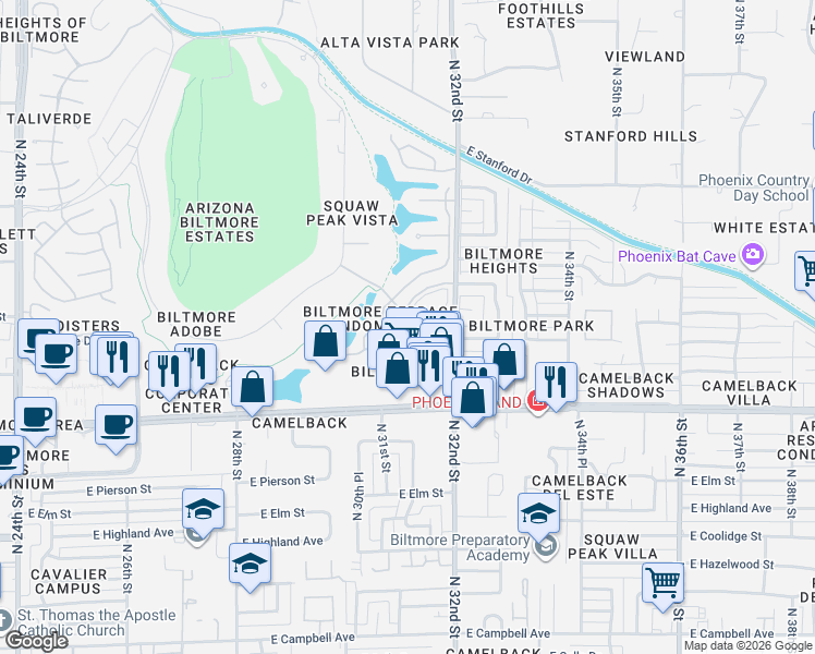 map of restaurants, bars, coffee shops, grocery stores, and more near in Phoenix