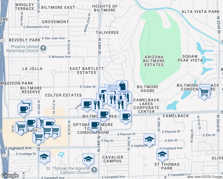 map of restaurants, bars, coffee shops, grocery stores, and more near 5205 North 24th Street in Phoenix