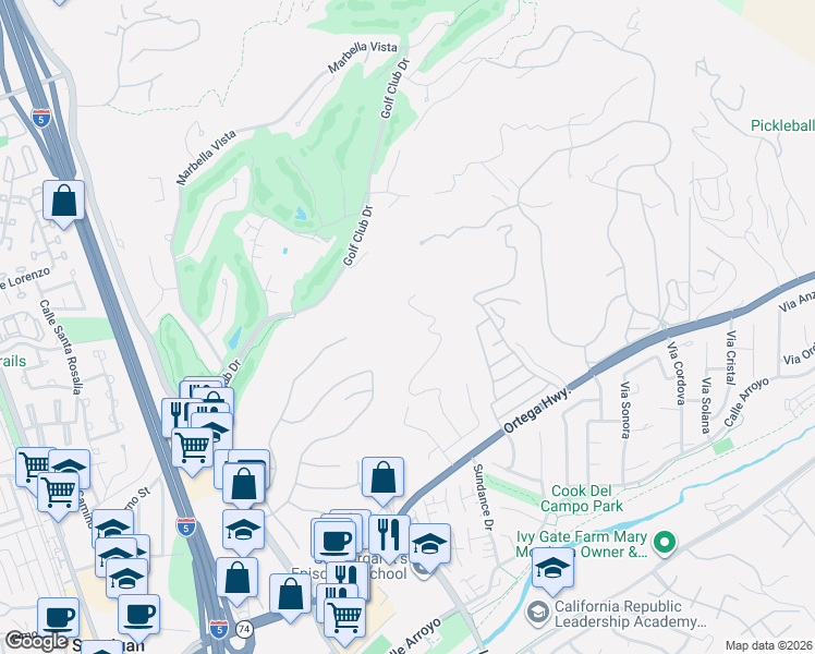 map of restaurants, bars, coffee shops, grocery stores, and more near 31062 Casa Grande Drive in San Juan Capistrano