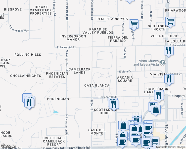 map of restaurants, bars, coffee shops, grocery stores, and more near 5101 North Casa Blanca Drive in Paradise Valley