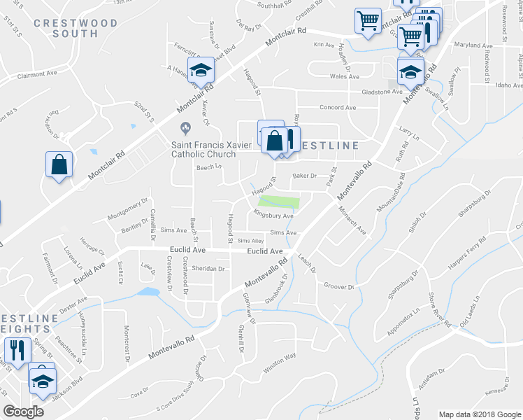 map of restaurants, bars, coffee shops, grocery stores, and more near 1102 Kingsbury Avenue in Birmingham