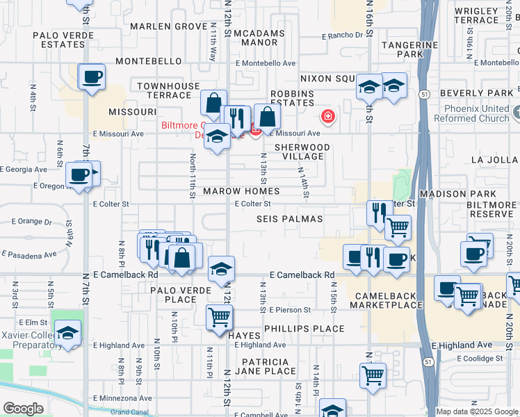 map of restaurants, bars, coffee shops, grocery stores, and more near 1242 East Colter Street in Phoenix