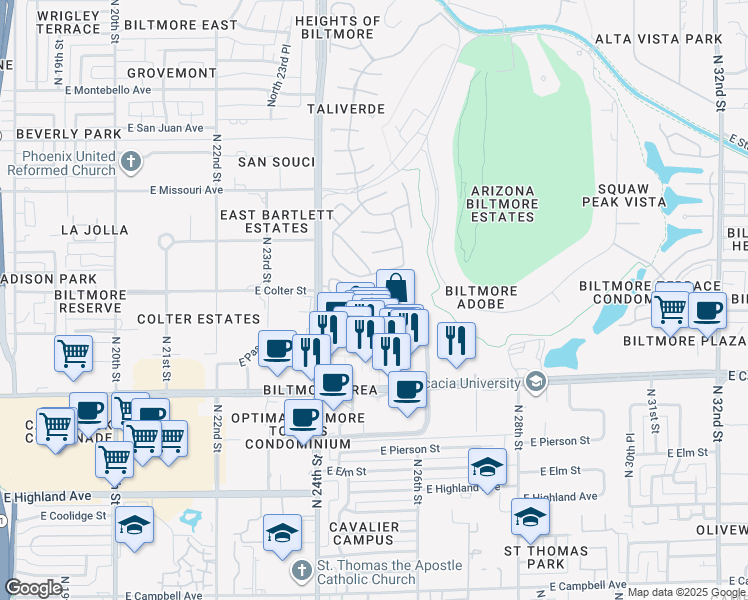 map of restaurants, bars, coffee shops, grocery stores, and more near 5215 North 24th Street in Phoenix