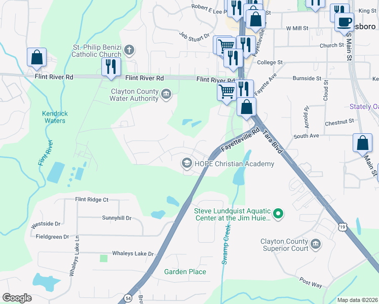 map of restaurants, bars, coffee shops, grocery stores, and more near 8883 Woodridge Court in Jonesboro