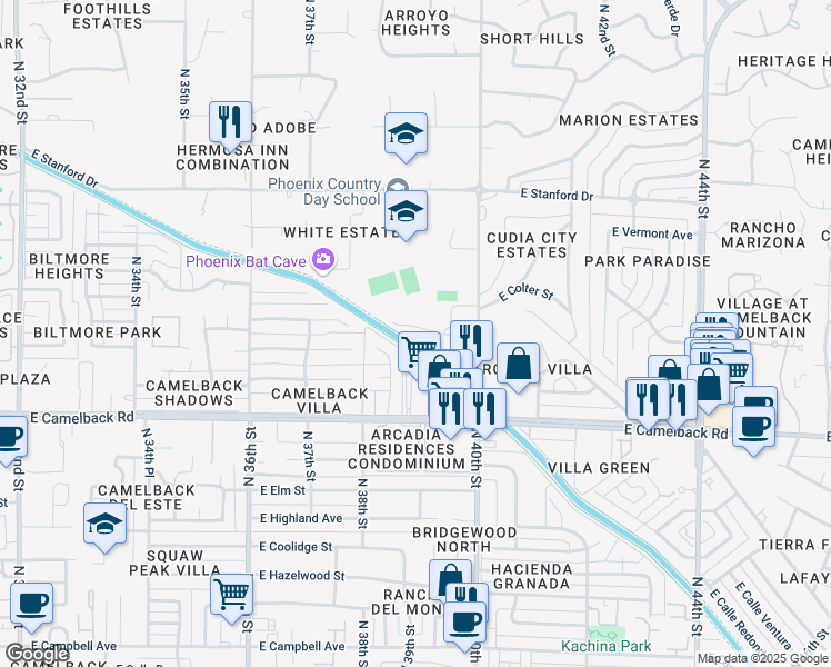 map of restaurants, bars, coffee shops, grocery stores, and more near 5100 North 40th Street in Phoenix