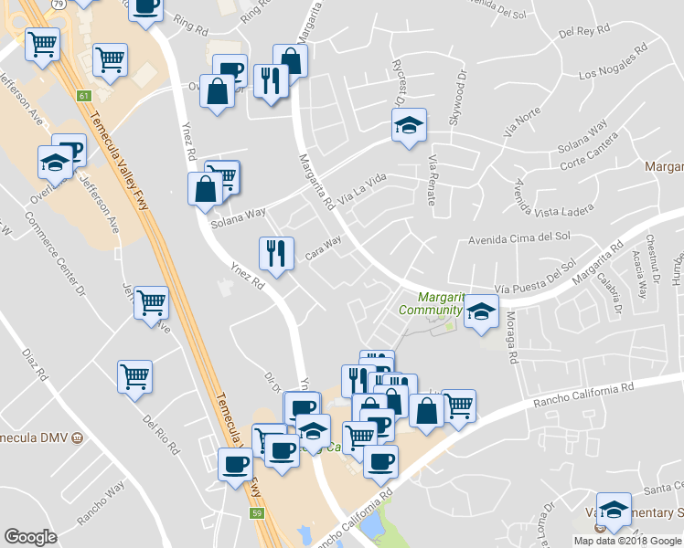 map of restaurants, bars, coffee shops, grocery stores, and more near 29520 Courtney Place in Temecula
