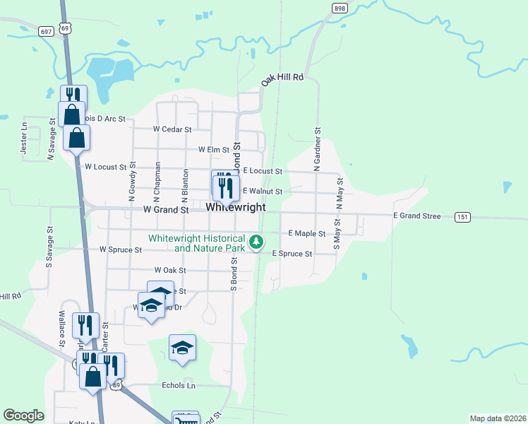 map of restaurants, bars, coffee shops, grocery stores, and more near 124 East Grand Avenue in Whitewright