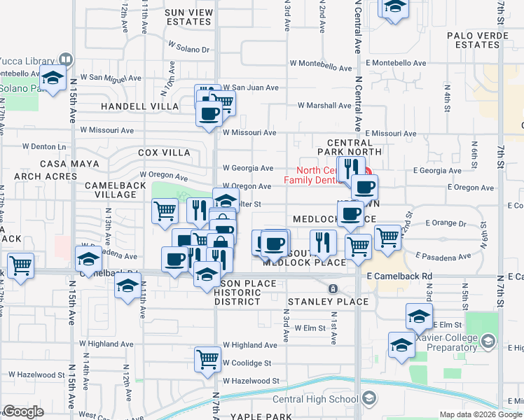 map of restaurants, bars, coffee shops, grocery stores, and more near 411 West Colter Street in Phoenix