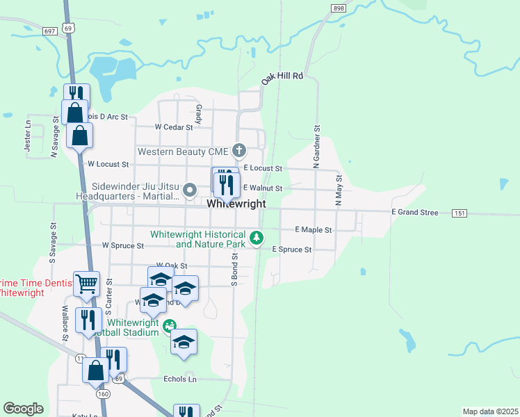 map of restaurants, bars, coffee shops, grocery stores, and more near 124 East Grand Avenue in Whitewright