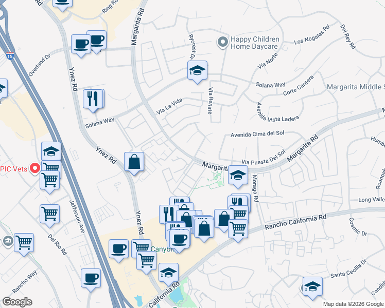 map of restaurants, bars, coffee shops, grocery stores, and more near 29618 Stonewood Road in Temecula