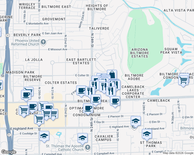 map of restaurants, bars, coffee shops, grocery stores, and more near 5205 North 24th Street in Phoenix