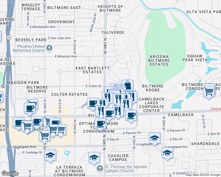 map of restaurants, bars, coffee shops, grocery stores, and more near 5205 North 24th Street in Phoenix