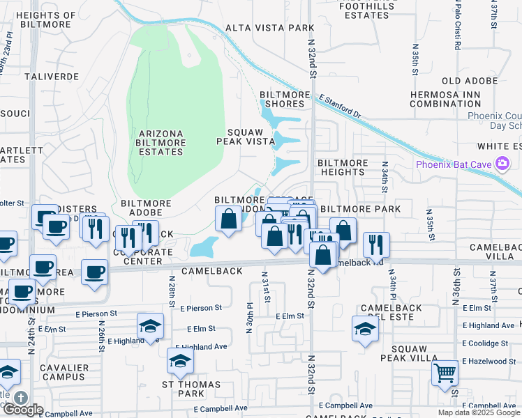 map of restaurants, bars, coffee shops, grocery stores, and more near 5124 North 31st Place in Phoenix