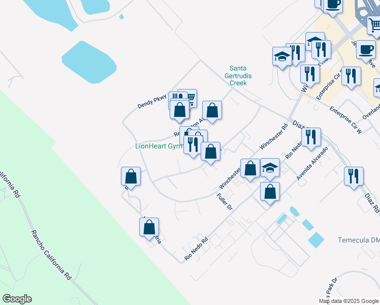 map of restaurants, bars, coffee shops, grocery stores, and more near 42095 Zevo Drive in Temecula