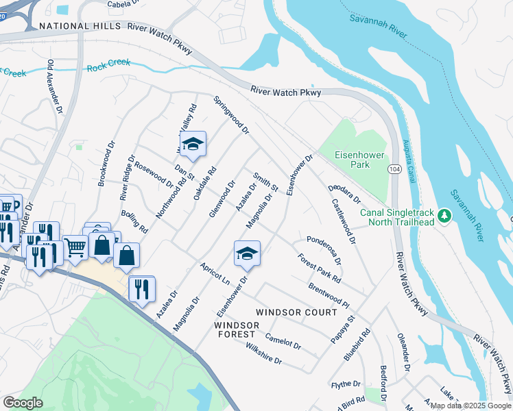 map of restaurants, bars, coffee shops, grocery stores, and more near 1311 Magnolia Drive in Augusta