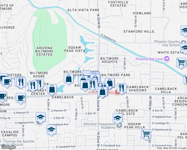 map of restaurants, bars, coffee shops, grocery stores, and more near 5110 North 32nd Street in Phoenix
