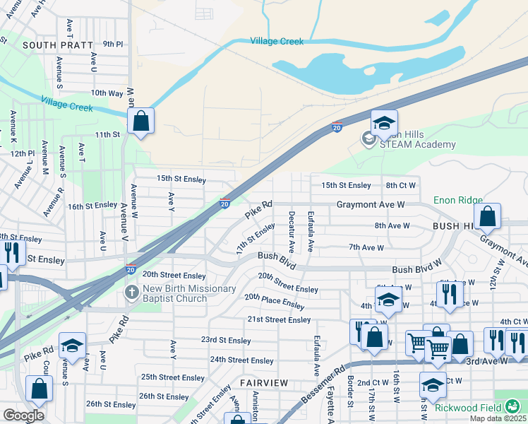 map of restaurants, bars, coffee shops, grocery stores, and more near 2741 Pike Road in Birmingham