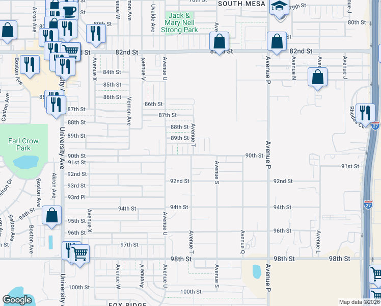 map of restaurants, bars, coffee shops, grocery stores, and more near 8916 Avenue T in Lubbock