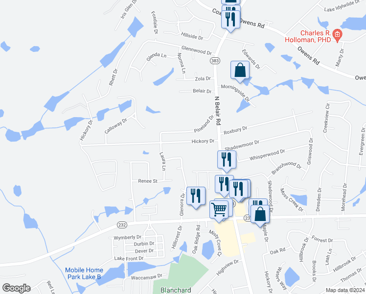 map of restaurants, bars, coffee shops, grocery stores, and more near 4488 Hickory Drive in Evans