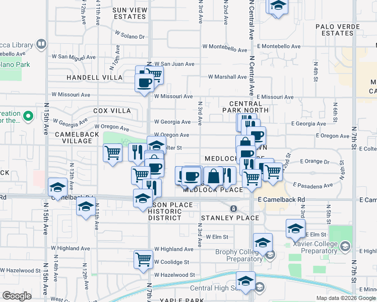 map of restaurants, bars, coffee shops, grocery stores, and more near 325 West Colter Street in Phoenix