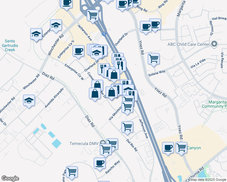 map of restaurants, bars, coffee shops, grocery stores, and more near in Temecula