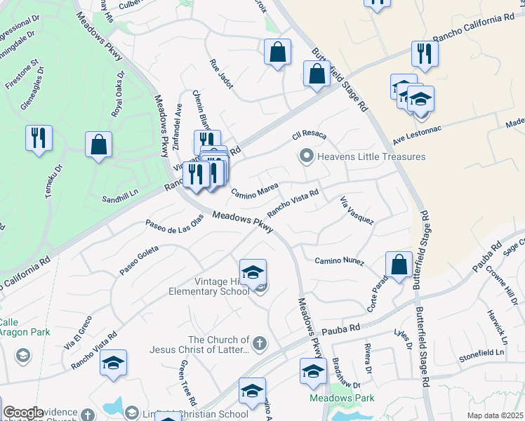 map of restaurants, bars, coffee shops, grocery stores, and more near 32025 Corte La Puenta in Temecula