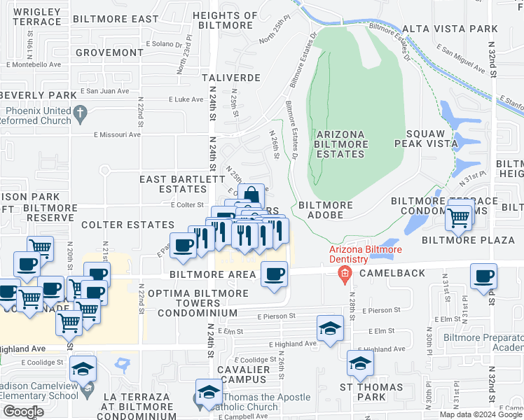 map of restaurants, bars, coffee shops, grocery stores, and more near 5215 North 24th Street in Phoenix