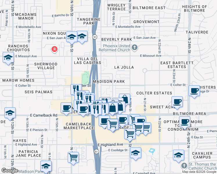 map of restaurants, bars, coffee shops, grocery stores, and more near 1816 East Colter Street in Phoenix