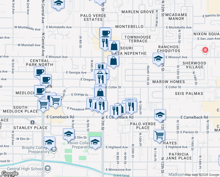map of restaurants, bars, coffee shops, grocery stores, and more near 815 East Colter Street in Phoenix