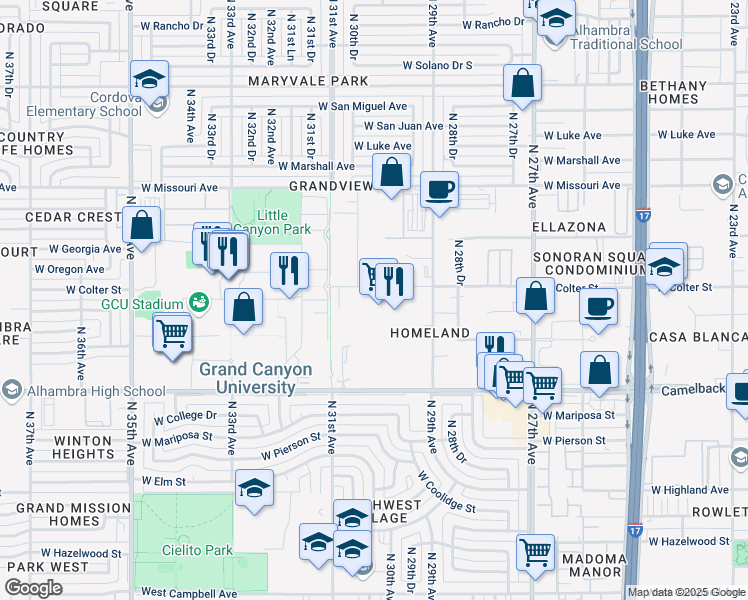 map of restaurants, bars, coffee shops, grocery stores, and more near 2947 West Colter Street in Phoenix