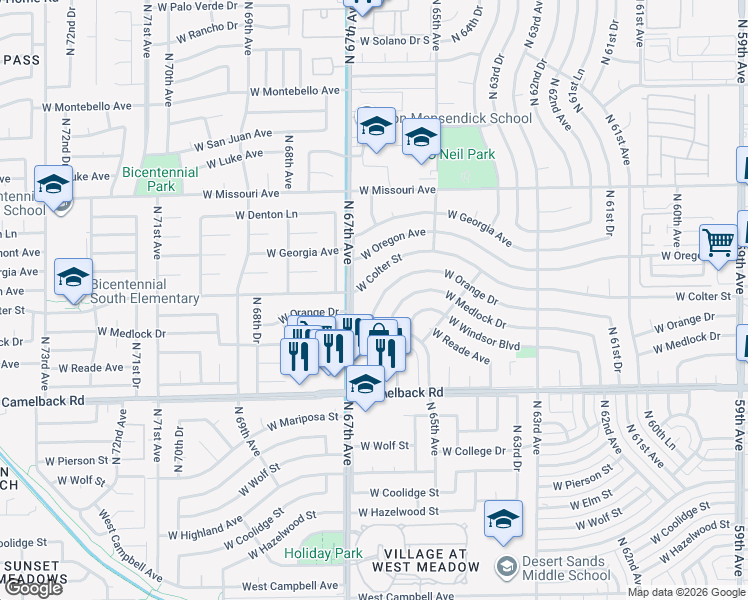 map of restaurants, bars, coffee shops, grocery stores, and more near 6609 West Orange Drive in Glendale