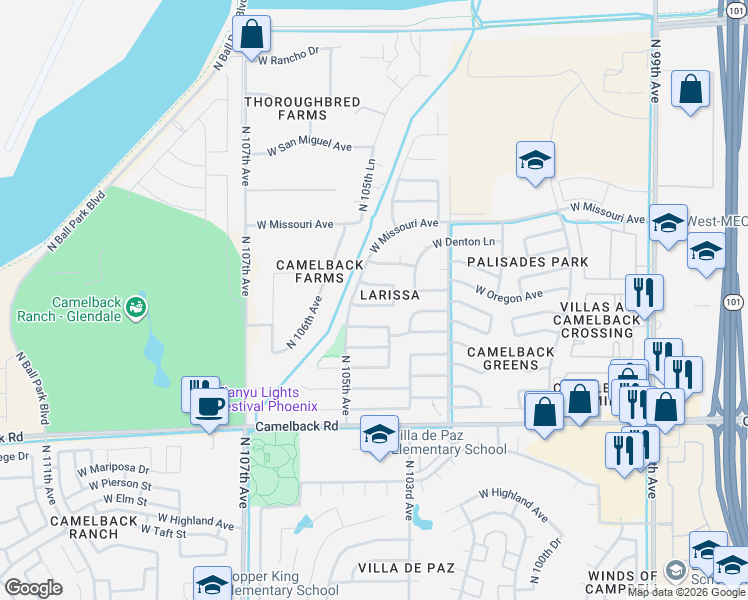 map of restaurants, bars, coffee shops, grocery stores, and more near 10431 West Oregon Avenue in Glendale