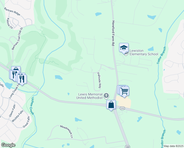 map of restaurants, bars, coffee shops, grocery stores, and more near 1707 Stablebridge Way in Evans