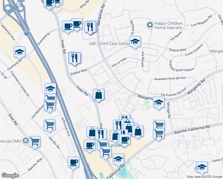 map of restaurants, bars, coffee shops, grocery stores, and more near 29495 Cara Way in Temecula