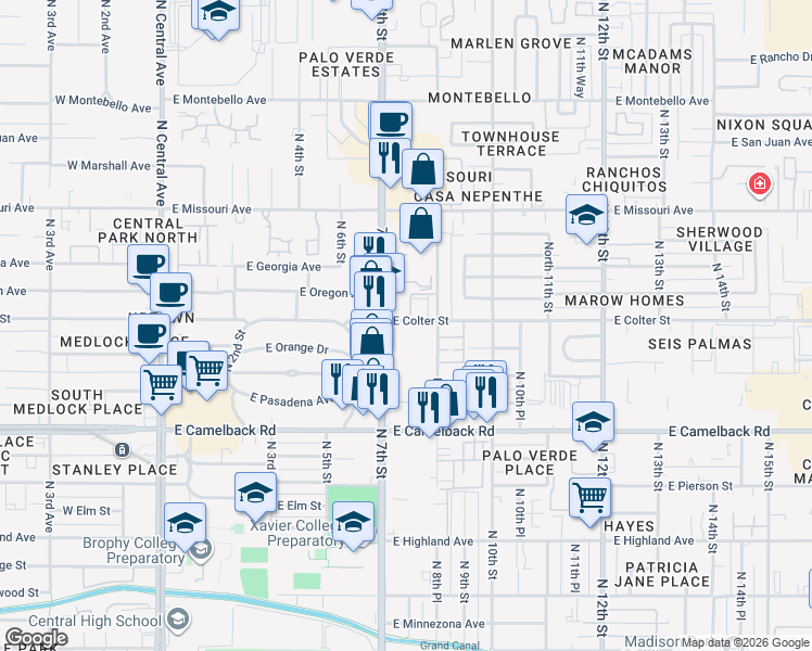 map of restaurants, bars, coffee shops, grocery stores, and more near 815 East Colter Street in Phoenix