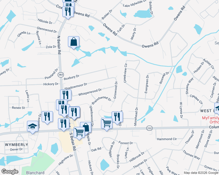 map of restaurants, bars, coffee shops, grocery stores, and more near 4423 Whisperwood Drive in Augusta