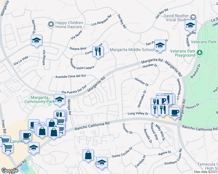 map of restaurants, bars, coffee shops, grocery stores, and more near 42073 Acacia Way in Temecula