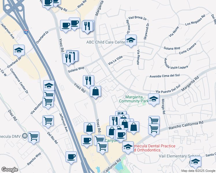 map of restaurants, bars, coffee shops, grocery stores, and more near 29495 Cara Way in Temecula