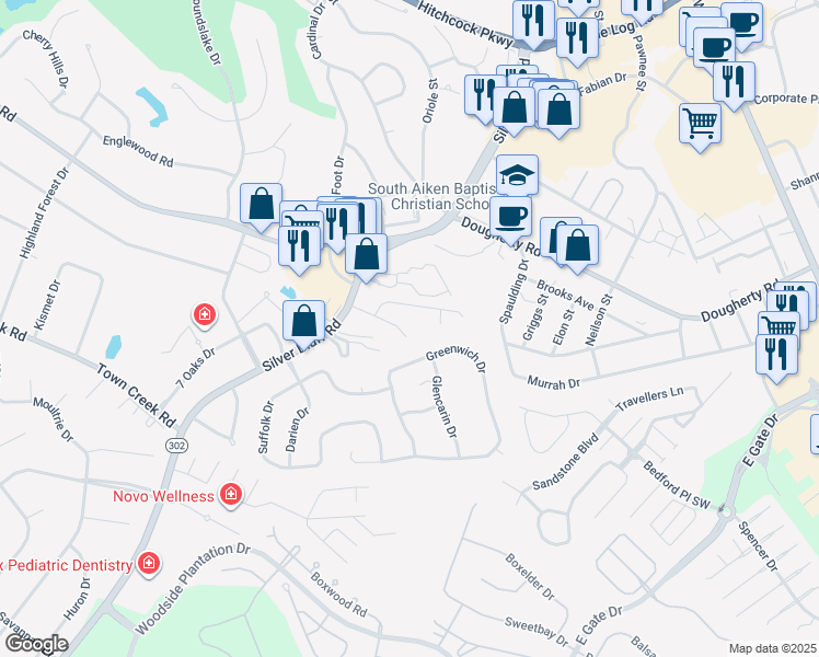 map of restaurants, bars, coffee shops, grocery stores, and more near 144 King Edward Way in Aiken